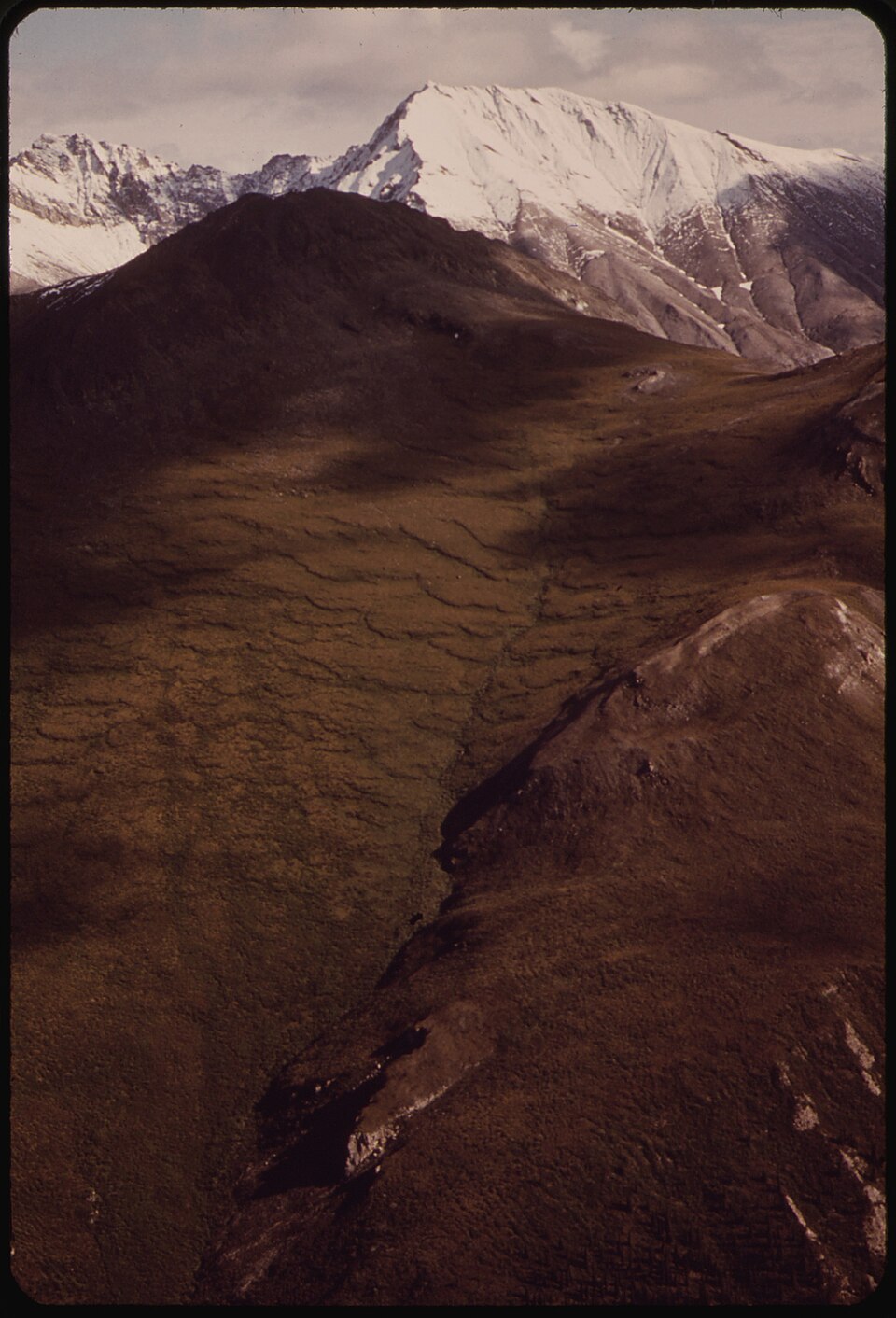 A tundra mountainside in Alaska covered with overlapping tongue-shaped solifluction lobes, snow-capped peaks behind