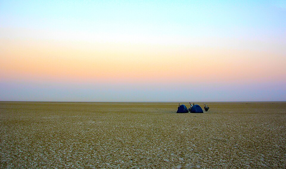 The flat, salt-encrusted bed of Sambhar Lake in Rajasthan stretching to the horizon at dusk