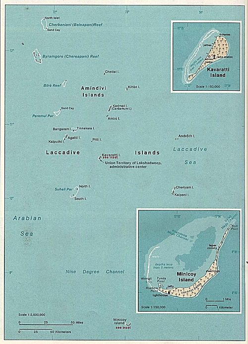 Map of the Lakshadweep islands in the Arabian Sea, with Minicoy shown in an inset south of the Nine Degree Channel