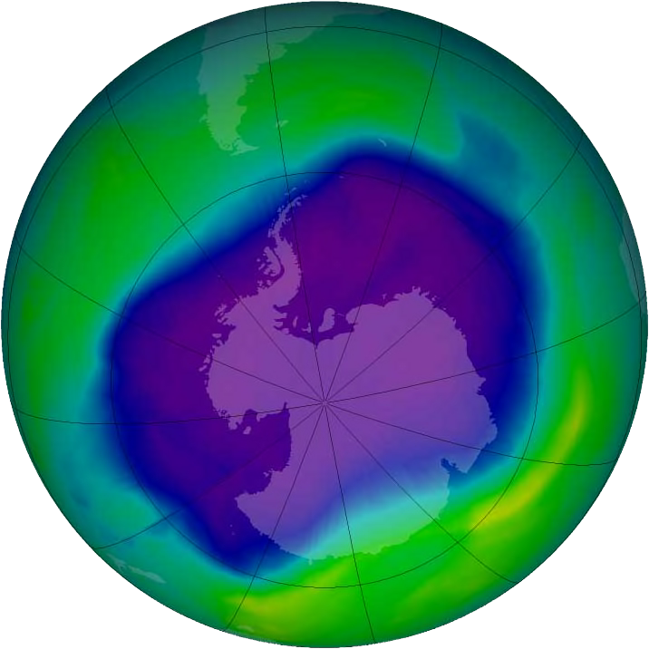 False-colour satellite map of total ozone over the Southern Hemisphere, showing a large purple and blue region of severely depleted ozone centred on Antarctica