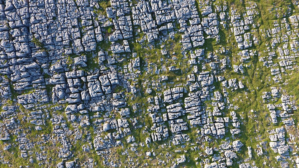 Aerial view of a limestone pavement, the bare grey rock split into rectangular blocks by a grid of open joints with grass growing between them