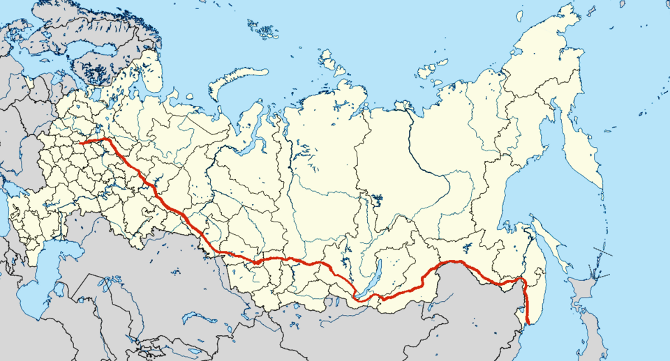 Map of Russia with the Trans-Siberian Railway drawn as a red line running from Moscow in the west across Siberia to Vladivostok on the Pacific coast