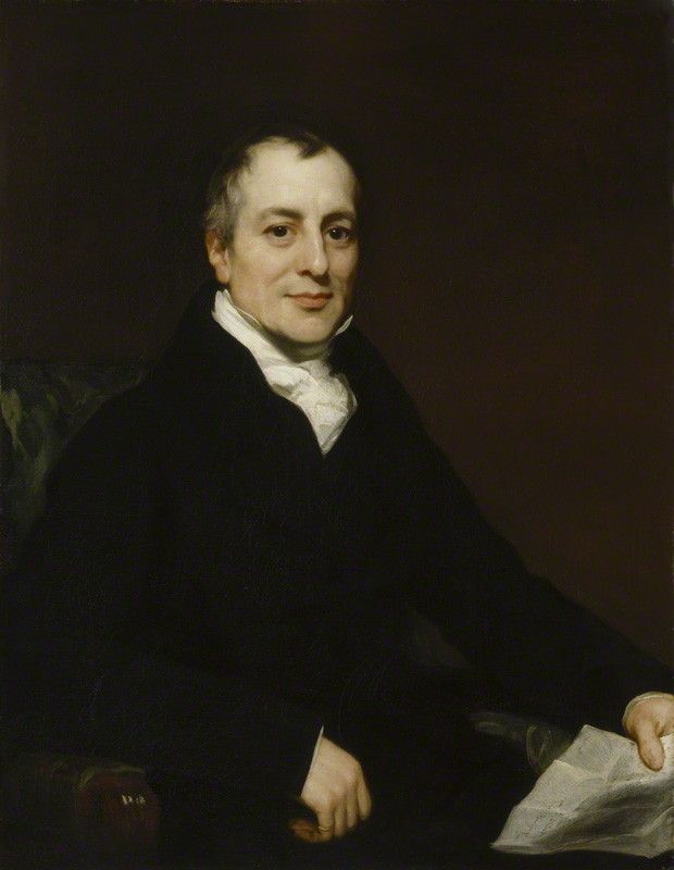 Oil portrait of David Ricardo in a dark coat and white cravat, seated and holding a sheet of paper