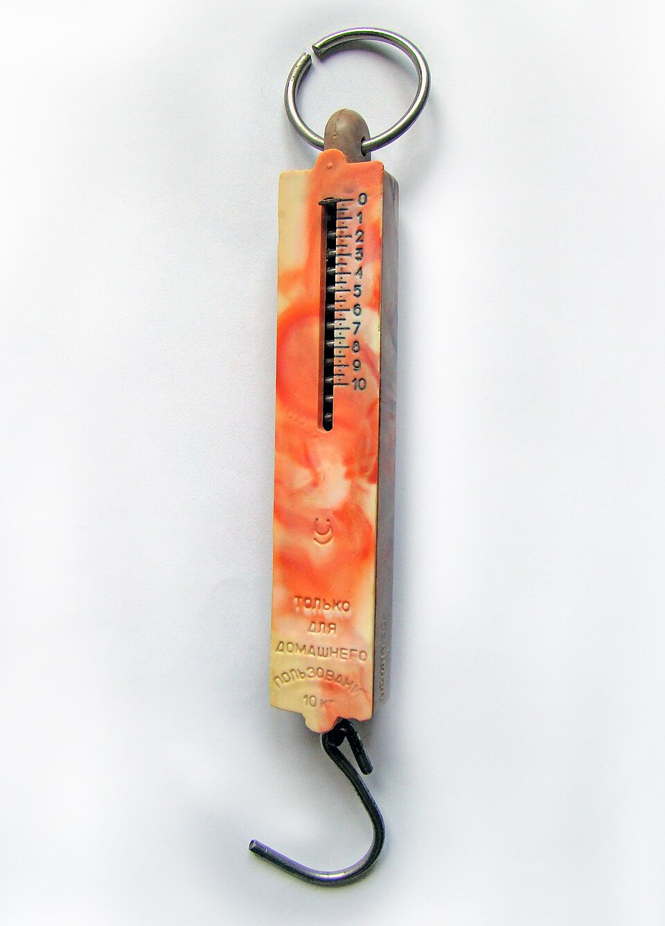 A hand-held spring balance with a ring at the top and a hook below, its front face marked with a kilogram scale running from 0 to 10.