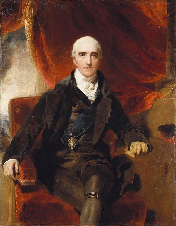 Painted portrait of Richard Colley Wellesley, 1st Marquess Wellesley, seated in a red armchair in dark court dress with a sash and jewelled badge.