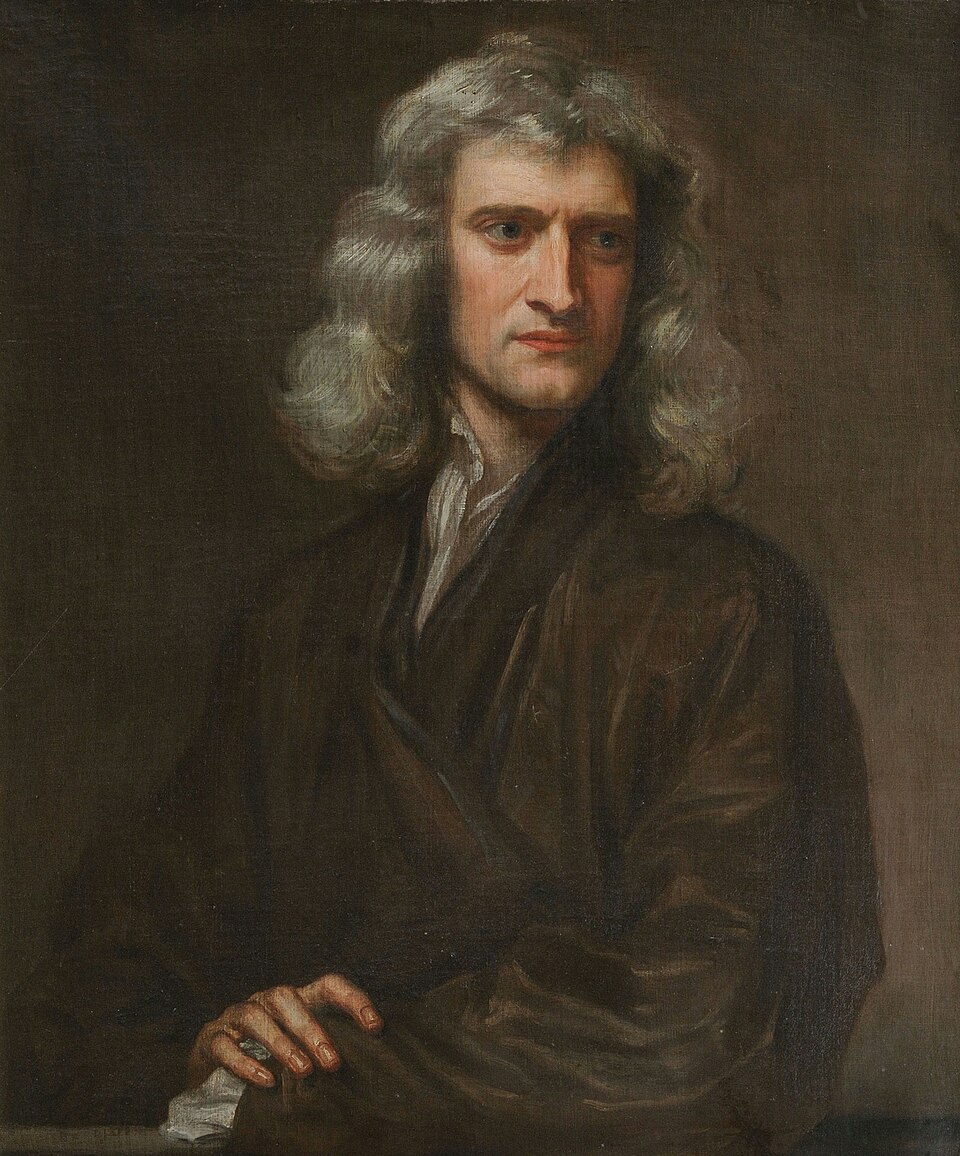 Godfrey Kneller's 1689 painted portrait of Isaac Newton, shown in a dark coat with long grey hair against a plain brown background.