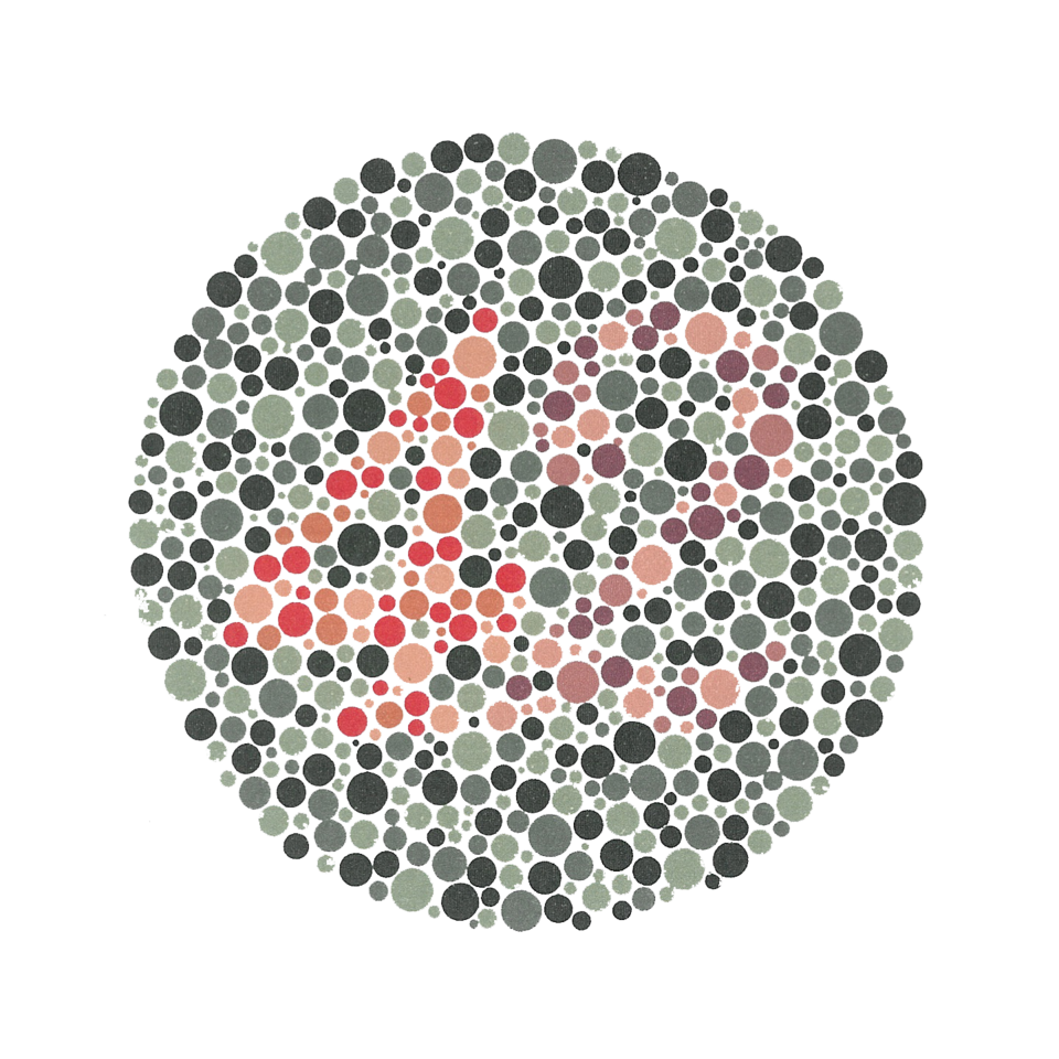 An Ishihara colour vision test plate: a circle of coloured dots in which a number is picked out in red dots against a green-grey background.