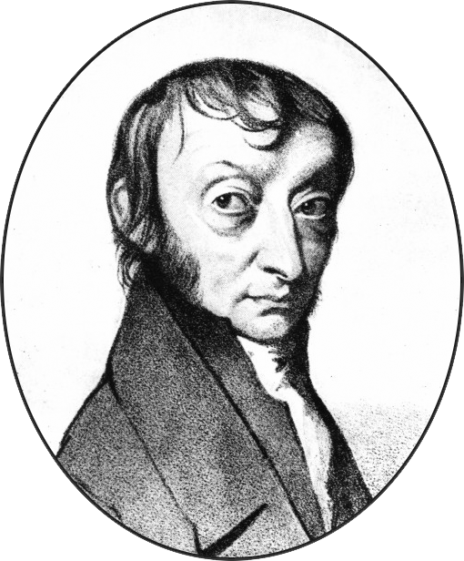 An oval black-and-white lithograph portrait of the Italian scientist Amedeo Avogadro in a high-collared dark coat, his hair swept across his forehead.