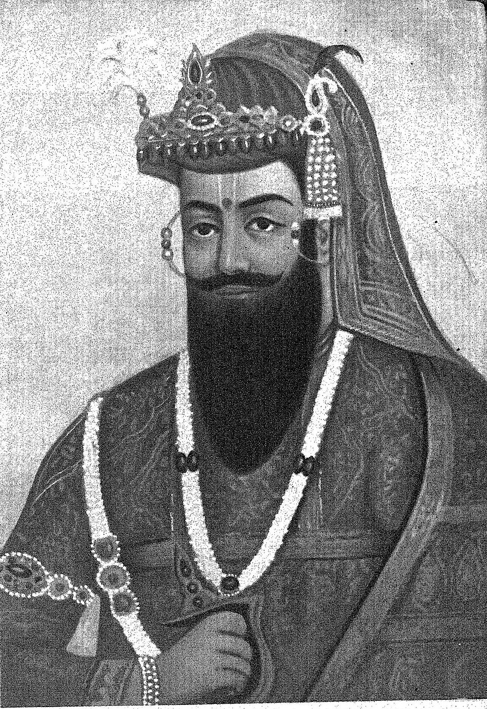 A black-and-white reproduction of a painted portrait of Nana Sahib, a bearded man in a jewelled turban with strings of pearls and heavy necklaces.