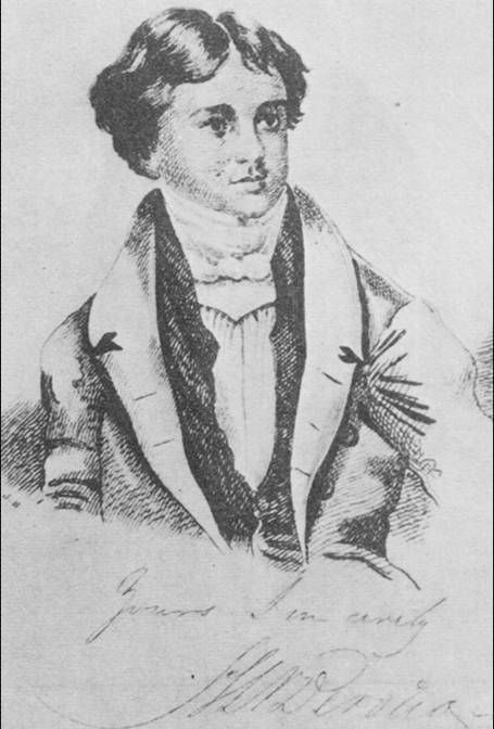 An engraved bust portrait of a young Henry Louis Vivian Derozio in a dark coat and high white cravat, with his handwritten signature reproduced beneath.