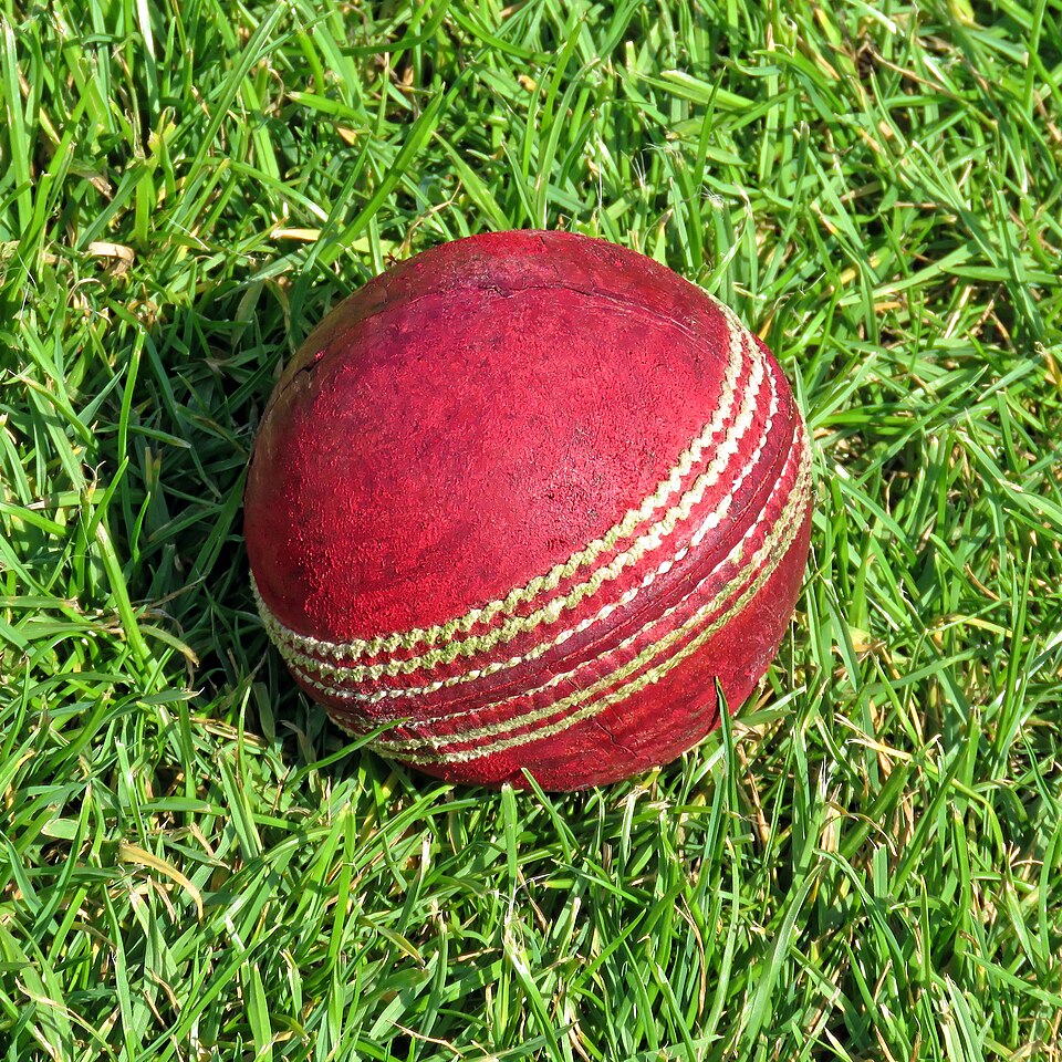 A used red leather cricket ball with a raised stitched seam resting on cut grass.