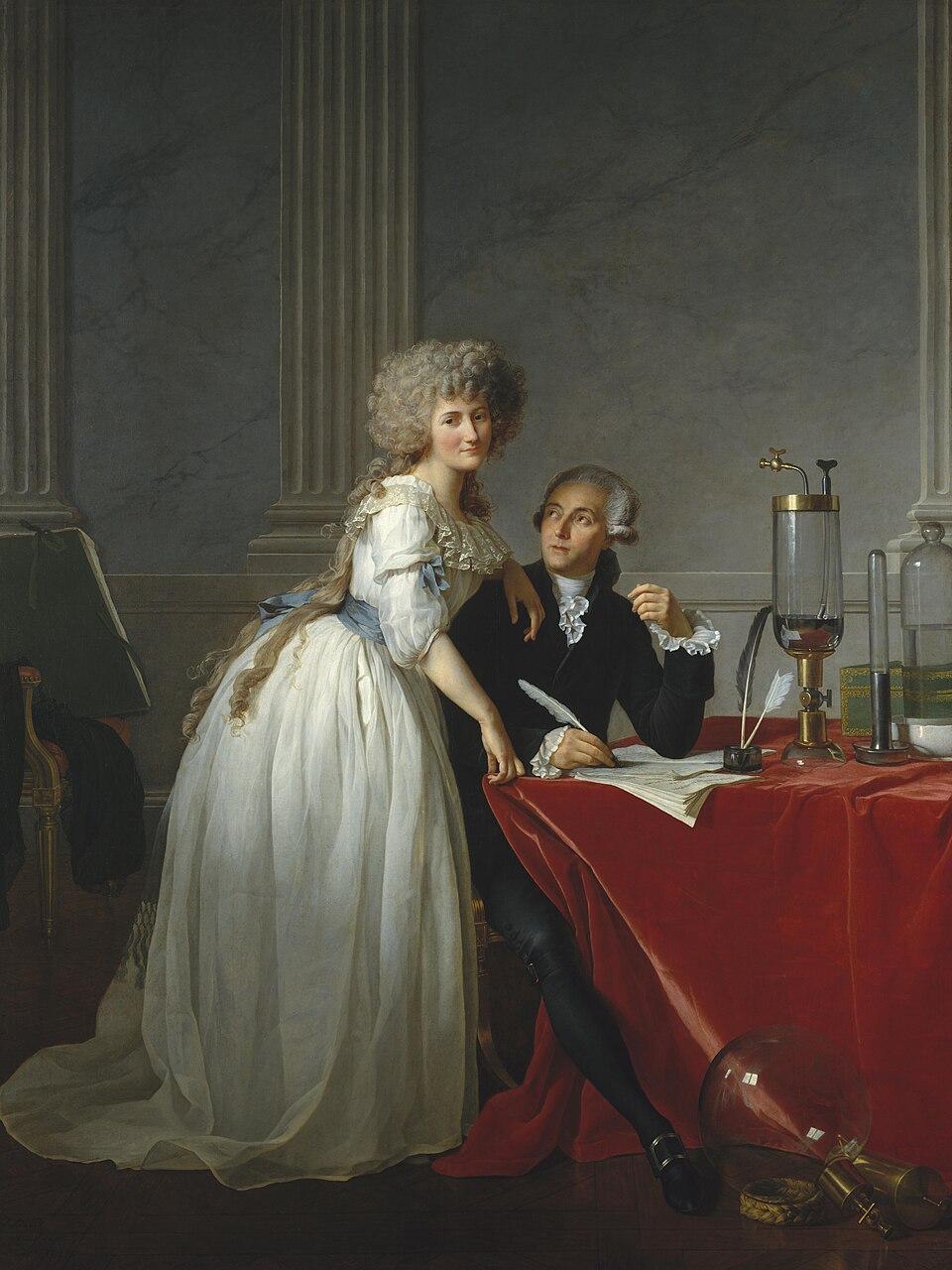 Jacques-Louis David’s painted portrait of the chemist Antoine Lavoisier, seated in black at a red-draped table covered with glass chemical apparatus and looking up at his wife, who stands beside him in a white dress.