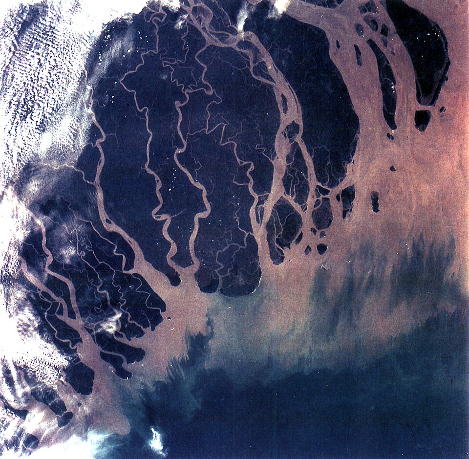 Satellite view of the Ganges-Brahmaputra delta, showing a fan of branching river channels, low silt islands and a brown sediment plume spreading into the Bay of Bengal.