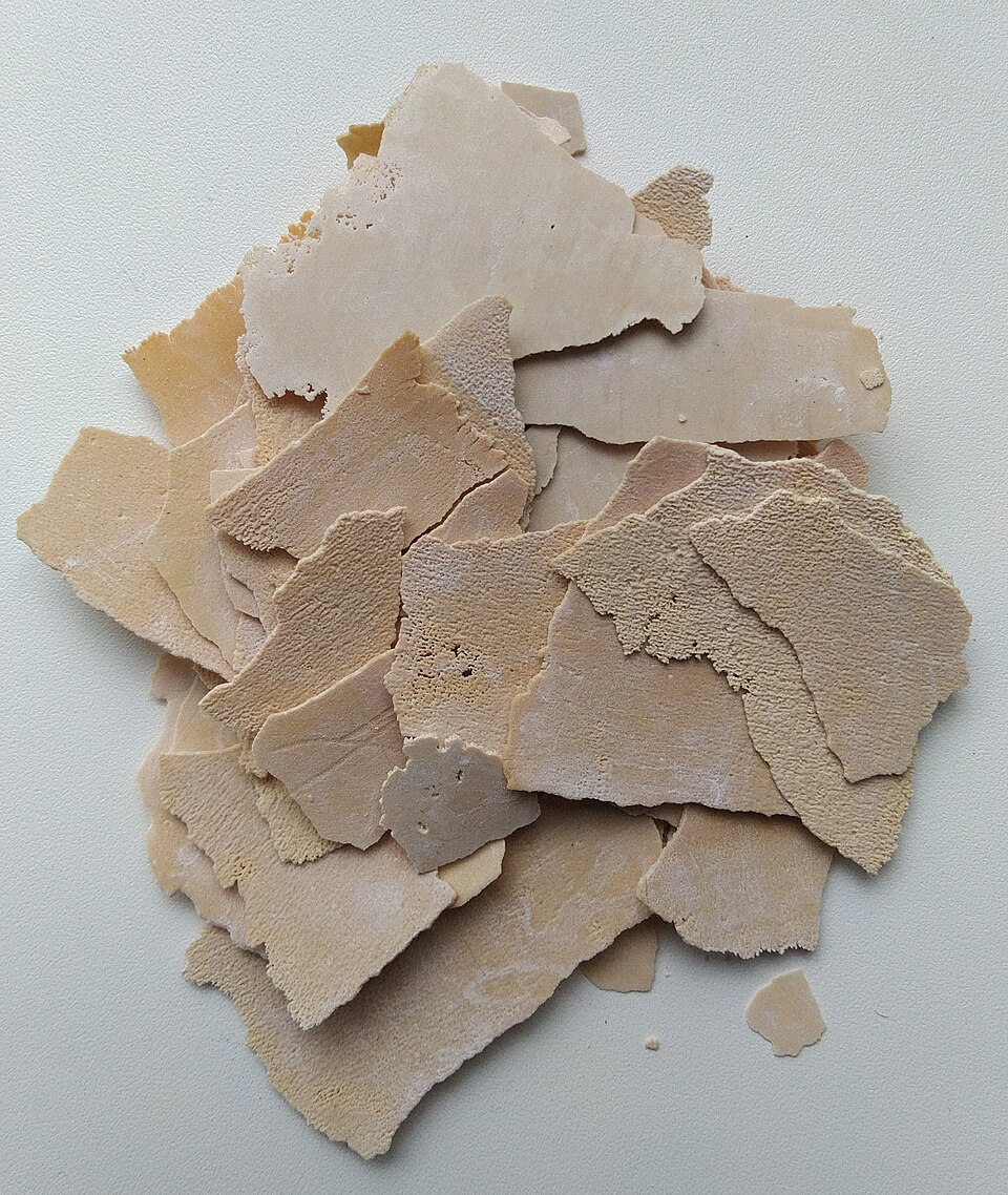 A heap of pale, brittle flakes of limescale that have peeled off the inside of a kettle, lying on a white surface.