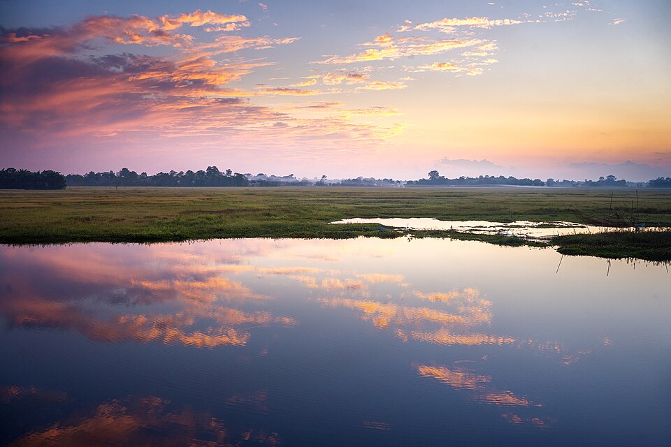 Flat green pastures on Majuli island at dawn, with a broad still channel of river water in the foreground reflecting pink and gold clouds.
