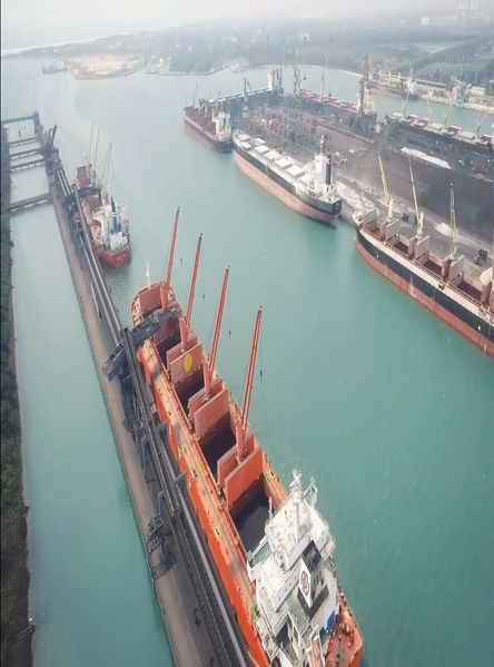 Aerial view of Paradip Port, Odisha, with bulk-cargo ships at berth.