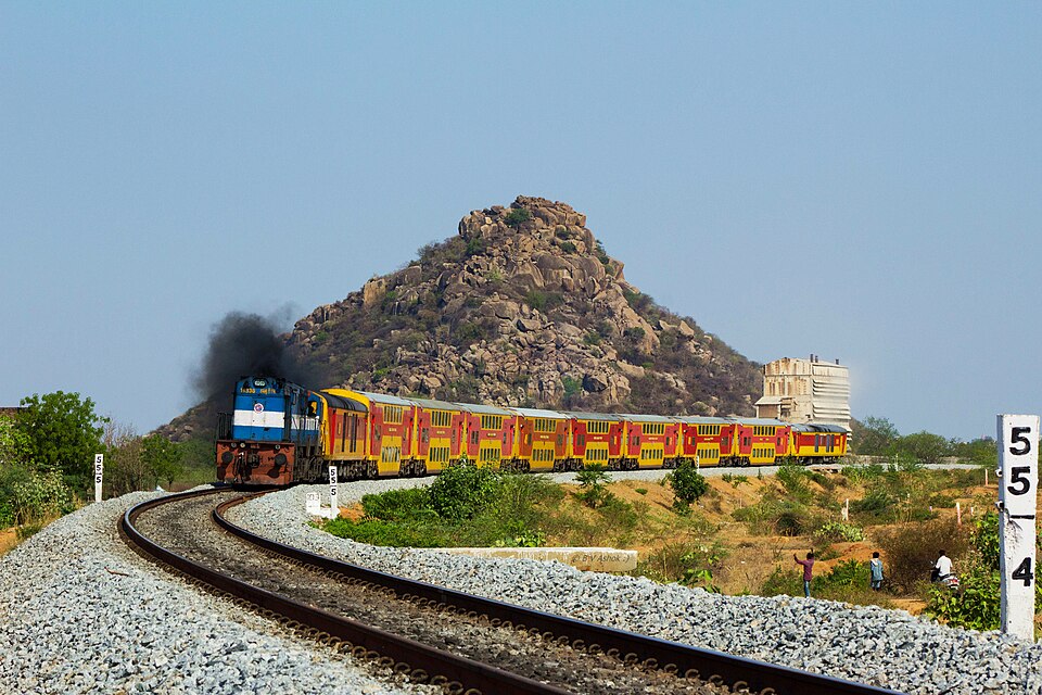 A double-decker AC chair-car express train of Indian Railways.