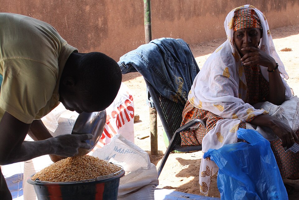 Food-aid grain being measured out to a recipient at a humanitarian relief distribution in Bamako, Mali.