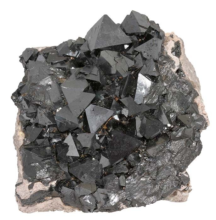 A cluster of black octahedral magnetite (Fe3O4) crystals on rock matrix.