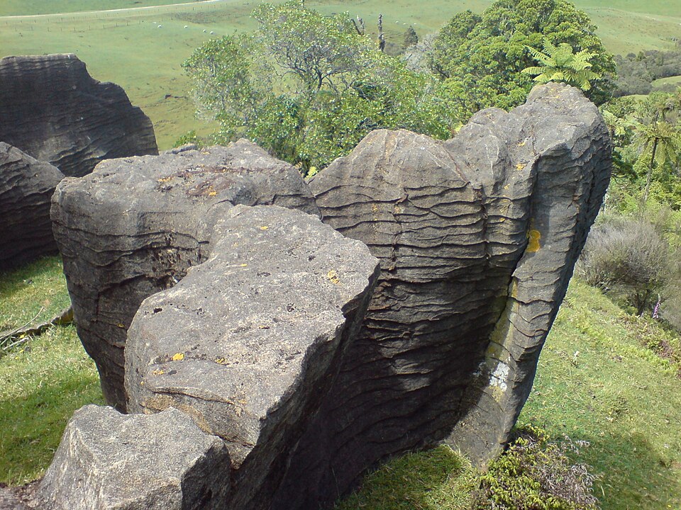 Grey layered limestone rock outcrops in a green landscape.