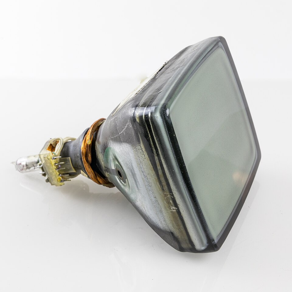 A cathode ray tube (CRT), the deep glass picture tube with its electron-gun neck and deflection coils.