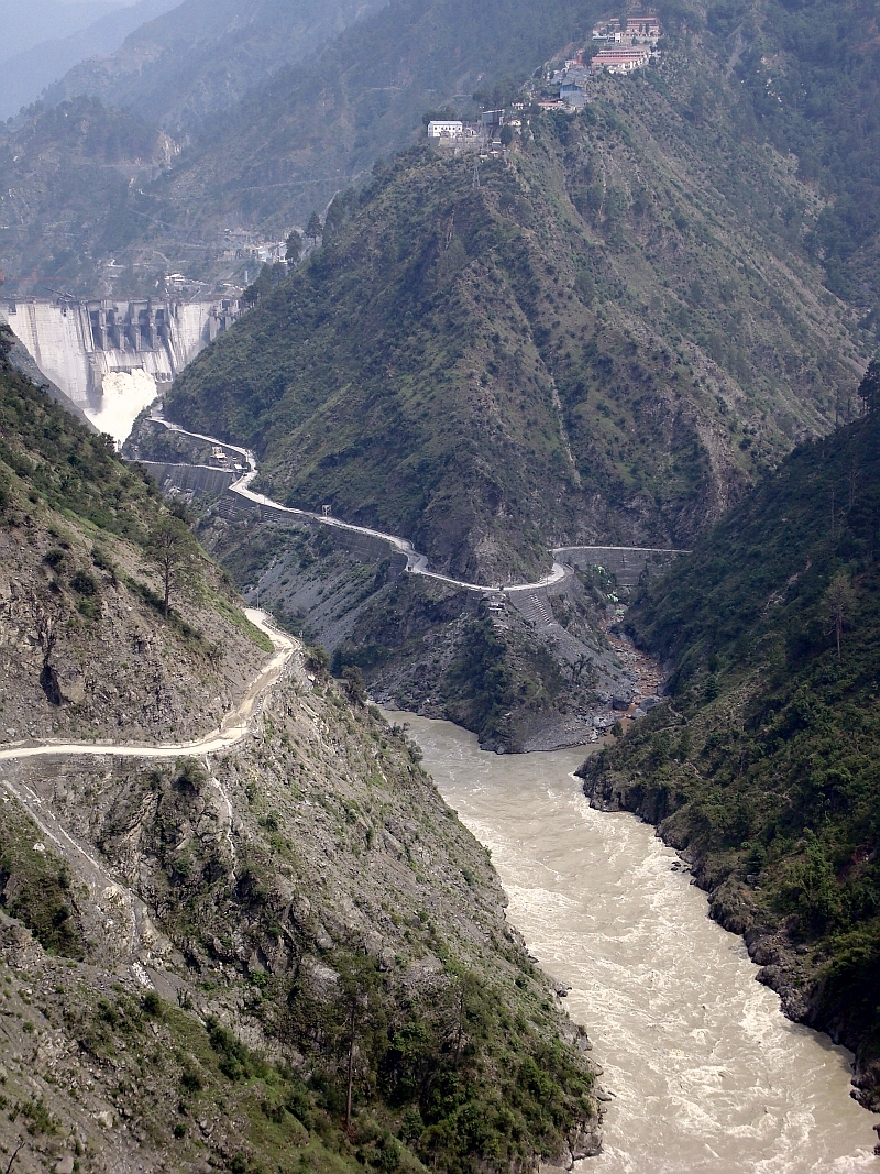 The Baglihar Dam and its spillway in the deep Chenab River gorge in Jammu and Kashmir