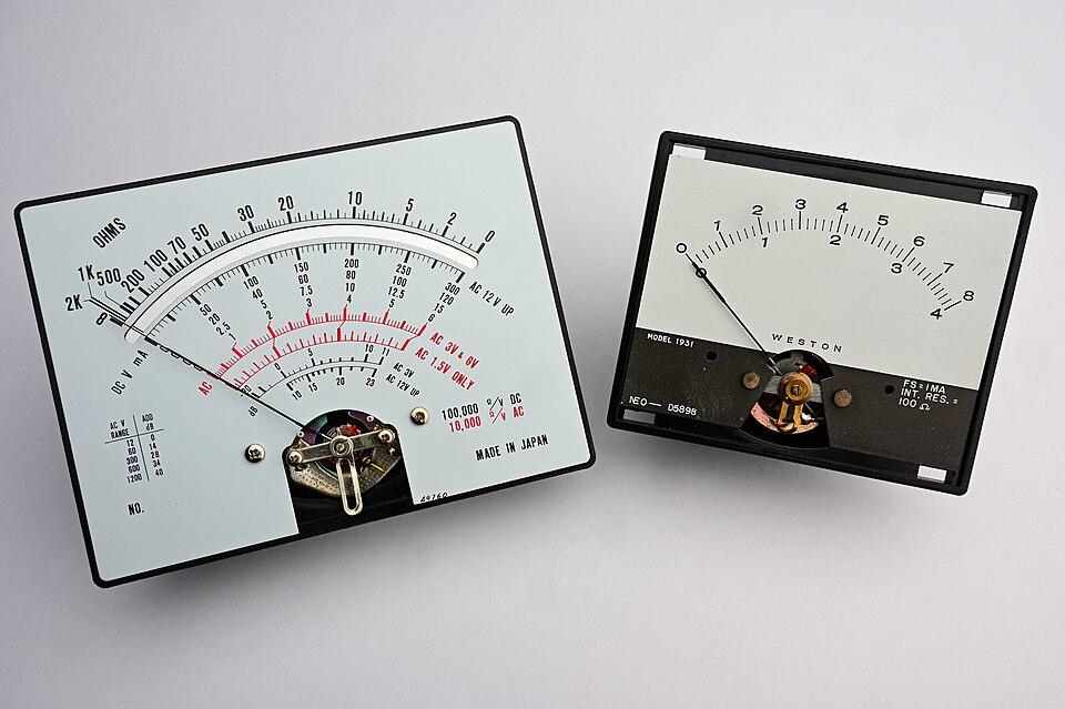 Analog moving-coil galvanometer meters with pointer and scale for detecting electric current