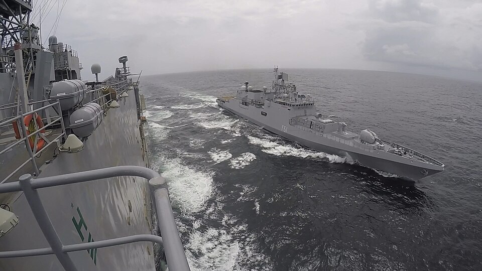 Indian Navy frigate INS Trikand under way at sea during a bilateral maritime exercise