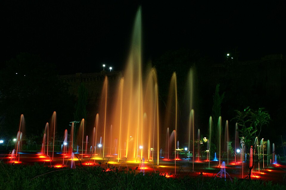 The illuminated musical fountains of the Brindavan Gardens below the Krishna Raja Sagara dam, near Mysuru