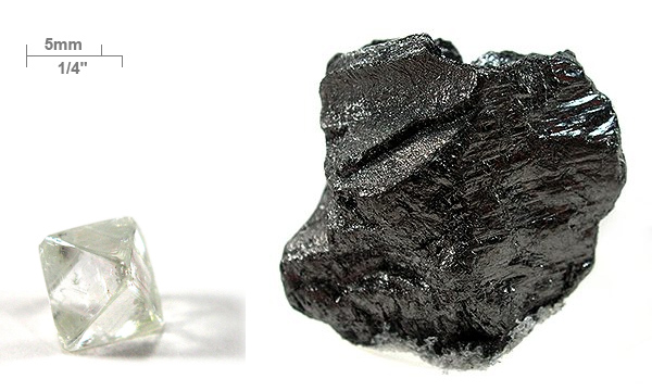 A cut diamond crystal beside a piece of grey graphite - two allotropes of carbon