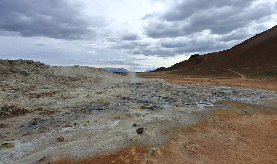 Steaming geothermal ground with sulphur deposits at Hverir, Iceland, a volcanic landscape on the Mid-Atlantic Ridge