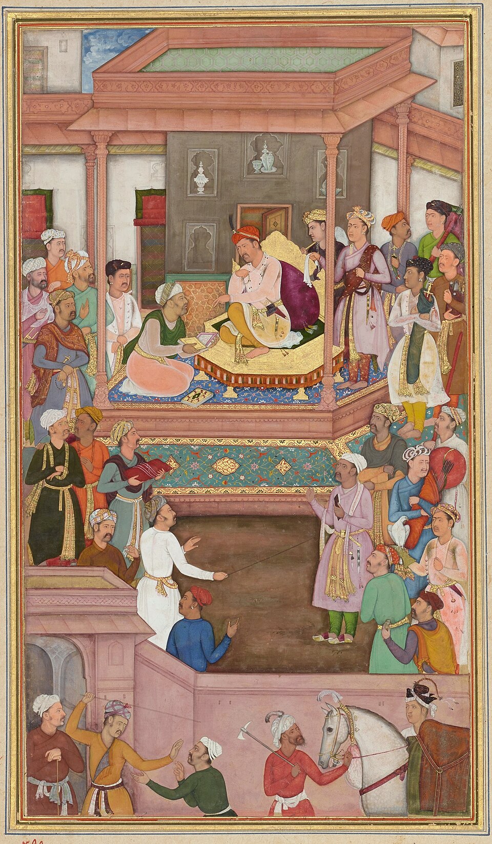 Mughal miniature of Abu'l Fazl presenting the completed Akbarnama to Emperor Akbar enthroned in his pavilion