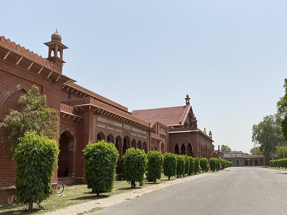 The historic red-sandstone Strachey Hall on the Aligarh Muslim University campus, founded by Sir Sayyid Ahmad Khan