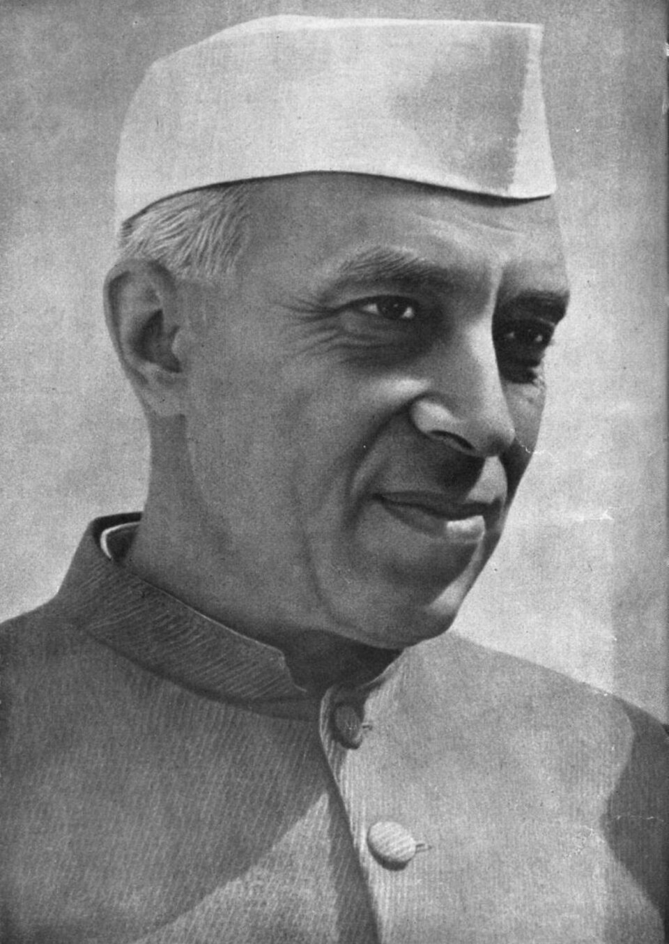 Black-and-white portrait of Jawaharlal Nehru wearing his Gandhi cap, who presided over the 1929 Lahore Congress