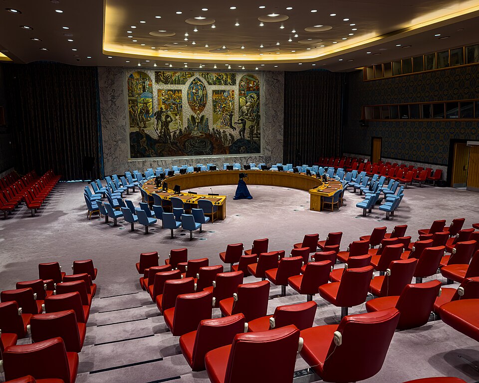 The United Nations Security Council chamber at UN HQ New York, with its horseshoe table and Per Krohg mural