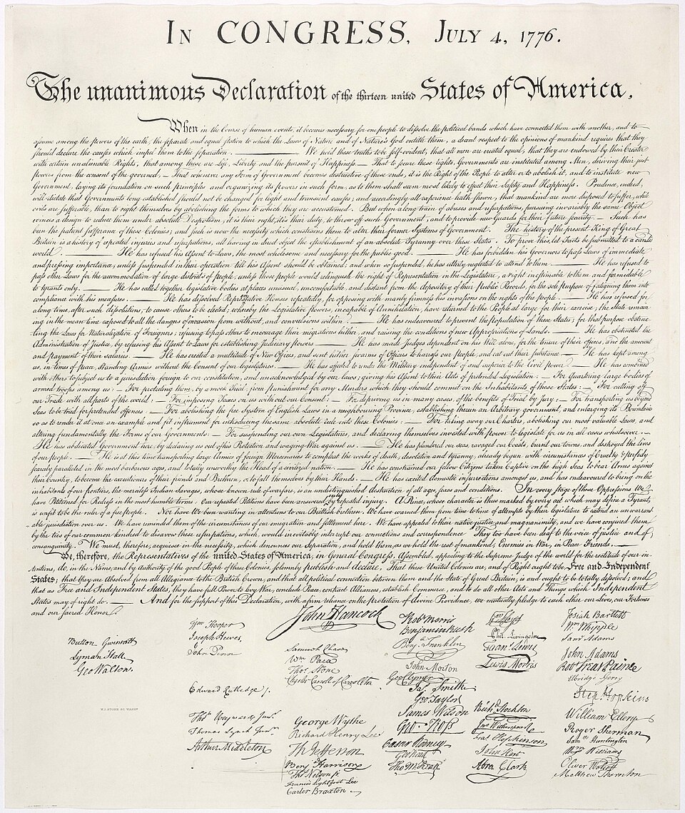 The 1776 engrossed parchment of the United States Declaration of Independence with its signatures