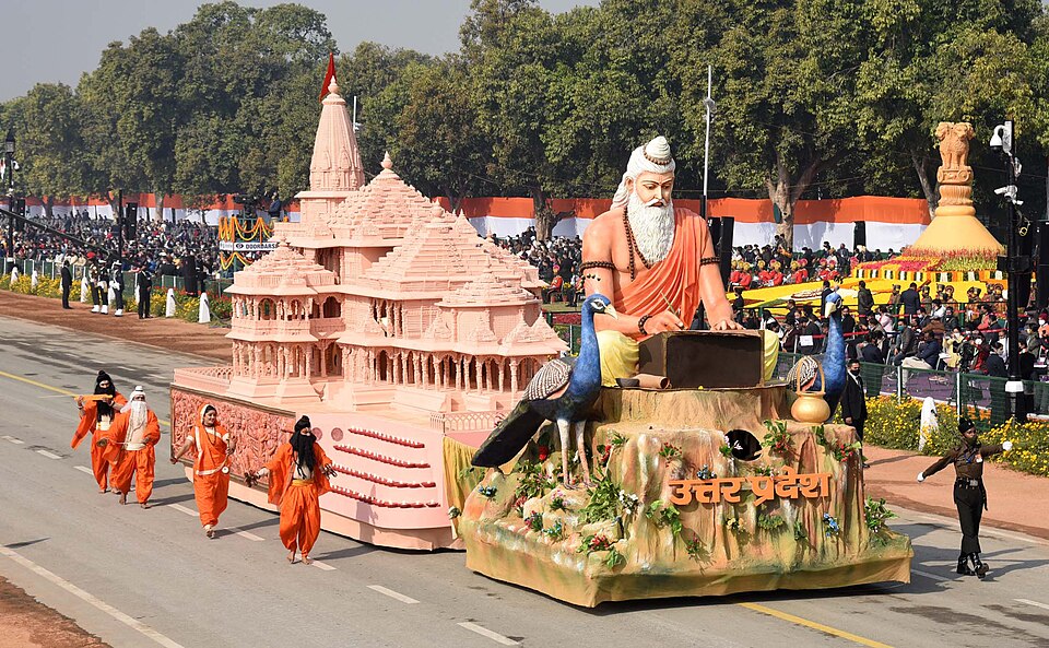 Uttar Pradesh's Ayodhya Ram-temple themed tableau with a sage statue and peacocks on Rajpath at the 72nd Republic Day parade