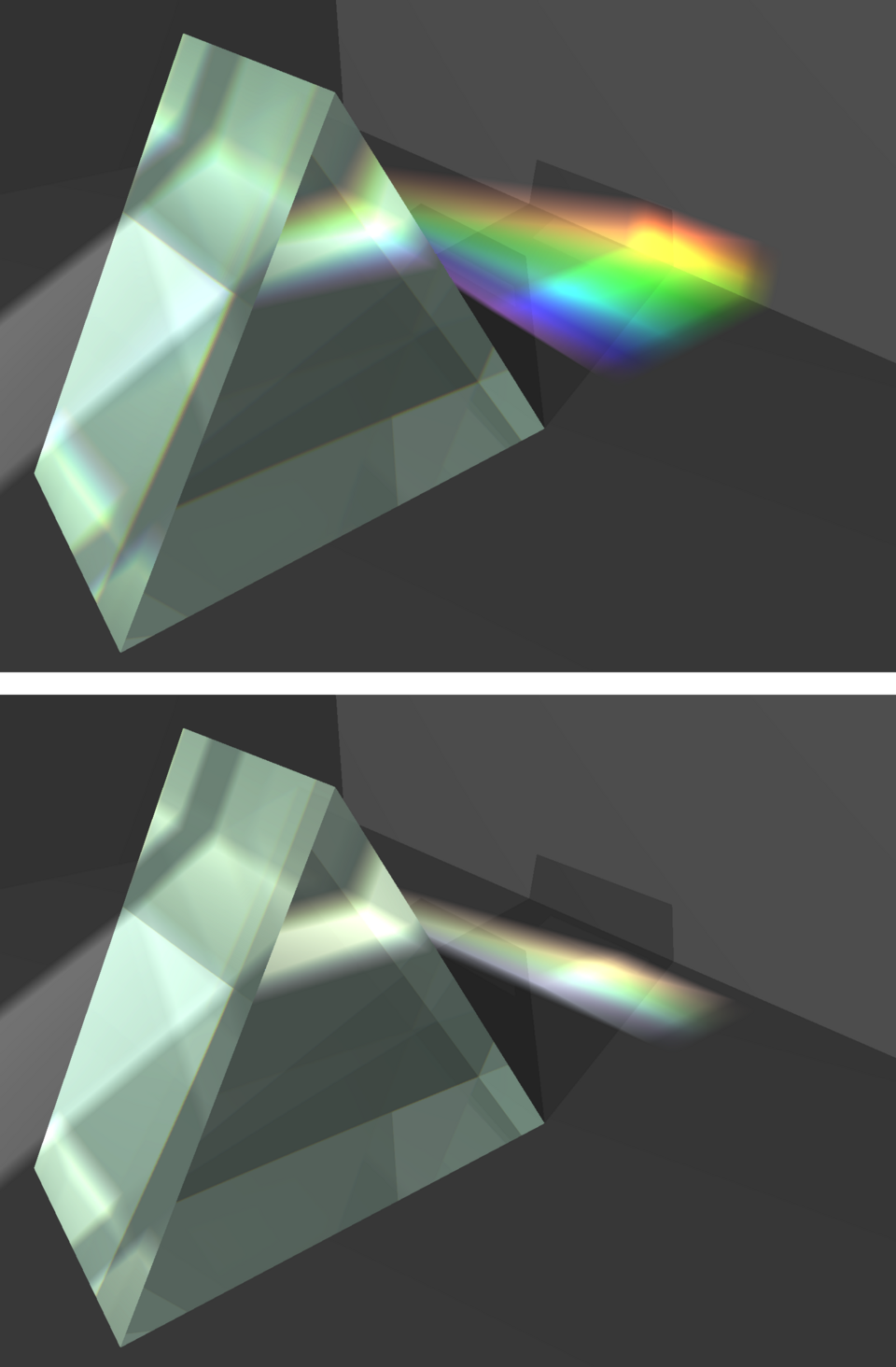Triangular glass prisms dispersing a beam of white light into a red-to-violet spectrum