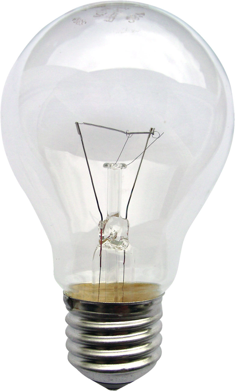 Clear incandescent electric bulb showing the coiled tungsten filament and support wires inside
