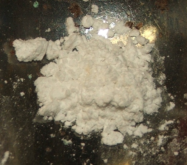 White powdered quicklime (calcium oxide) heaped in a metal dish