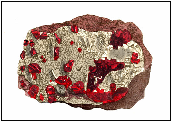 Specimen of cinnabar showing bright red mercury sulphide crystals on matrix