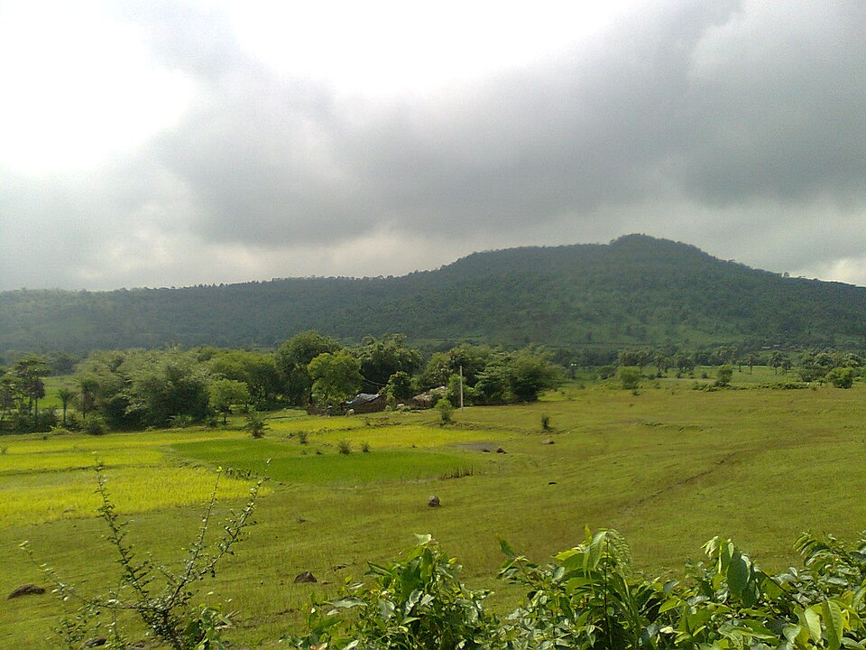 The wooded Rajmahal Hills rising above fields, Santhal Parganas region, Jharkhand