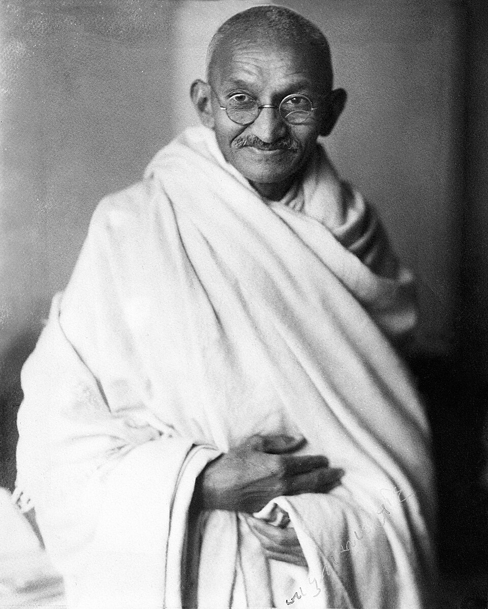 Studio portrait of Mahatma Gandhi in his hand-spun shawl, 1931