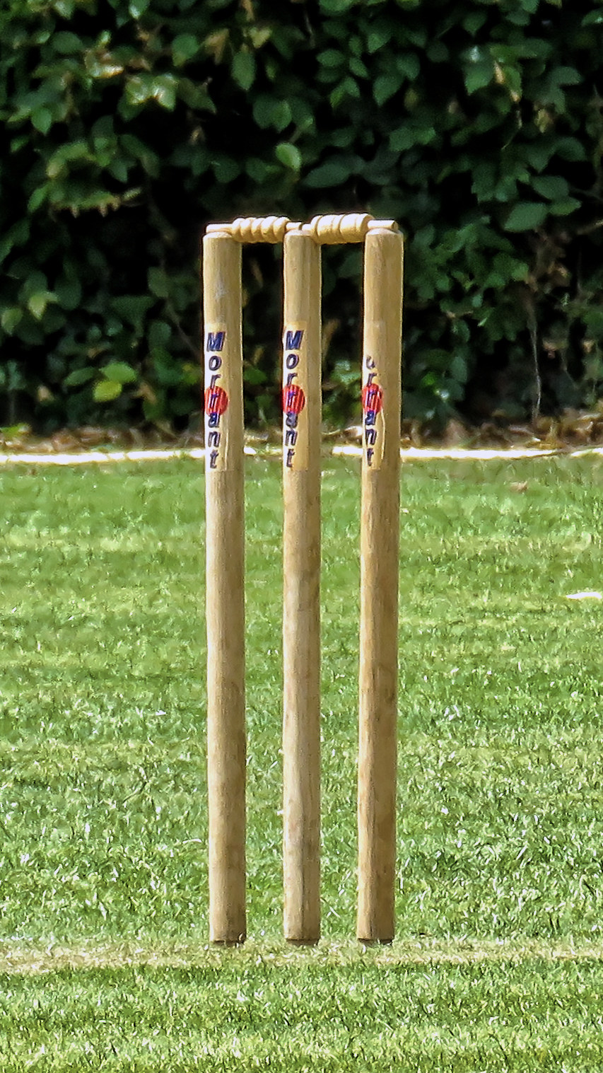 Set of three cricket stumps with bails standing on a grass pitch