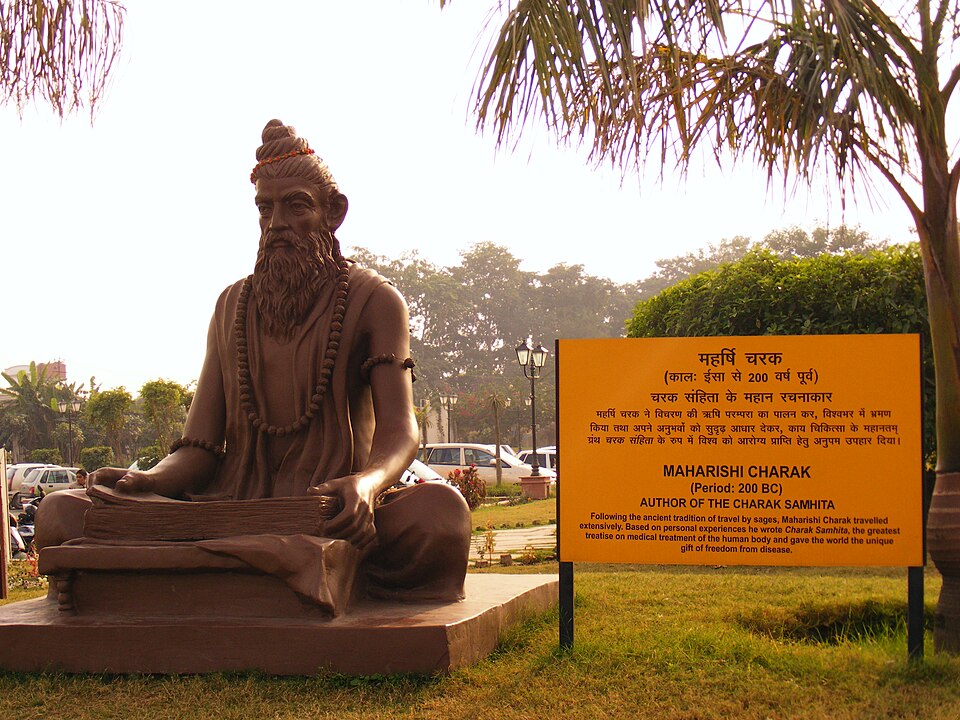 A seated bronze statue of the ancient physician Maharishi Charaka