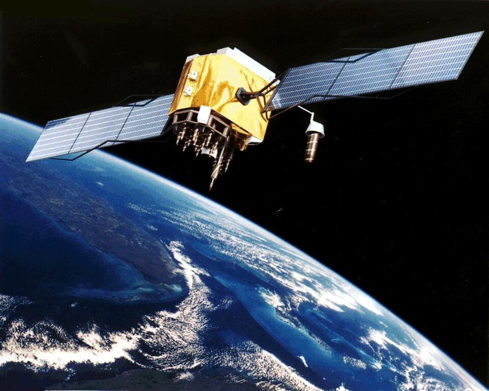 A GPS navigation satellite orbiting above the Earth
