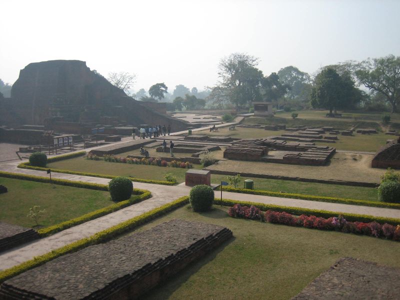 Wide view of the excavated brick ruins of Nalanda Mahavihara in Bihar