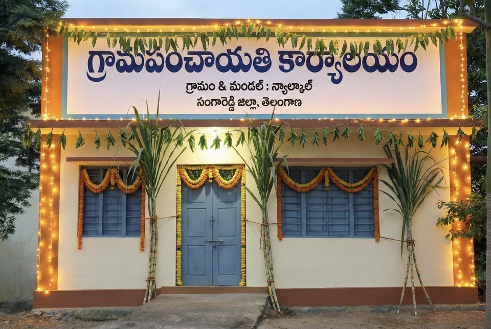 A decorated Gram Panchayat office building in rural Telangana