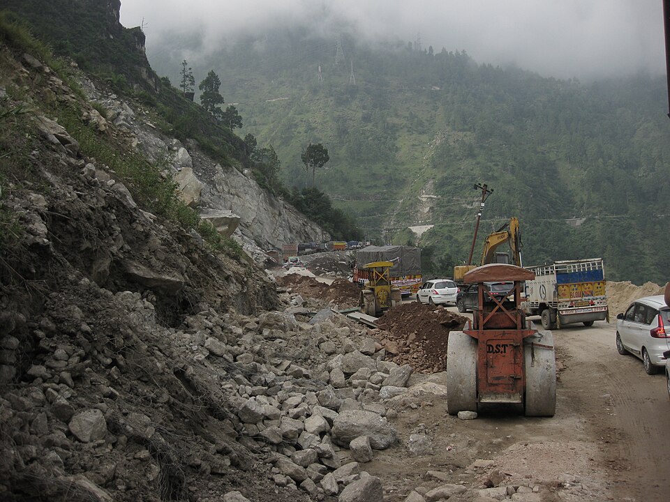 Landslide debris blocking a hillside road at Nigulsari, Kinnaur