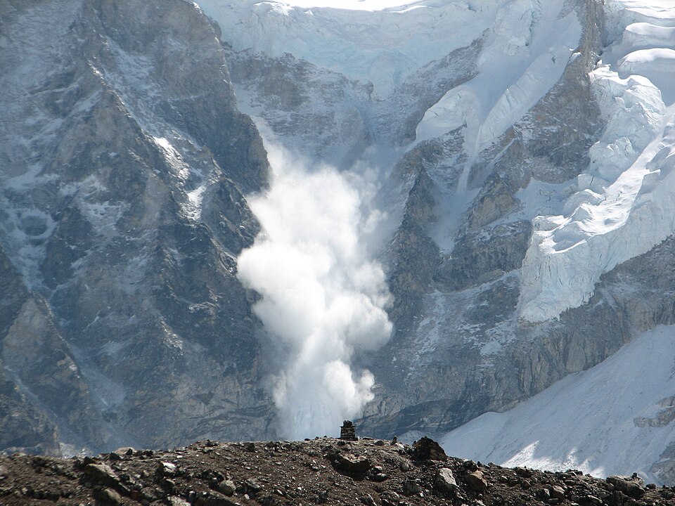 A snow avalanche cascading down a steep mountain slope on Everest